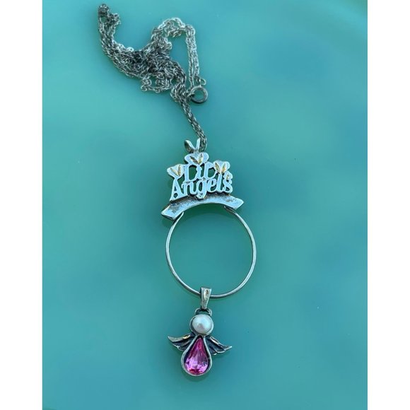 Vintage Lil Angels 925 silver Charm Holder Pendant Chain Pink charm - Picture 1 of 16